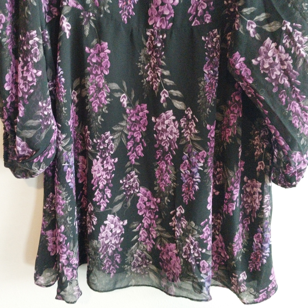 City Chic Black & Purple Floral Print Faux Wrap Balloon Sleeve Midi Dress NWT - Picture 6 of 9